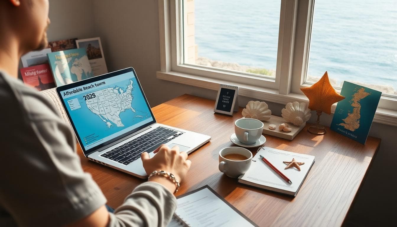 Affordable beach trip planning at a cozy desk with a laptop and beach brochures