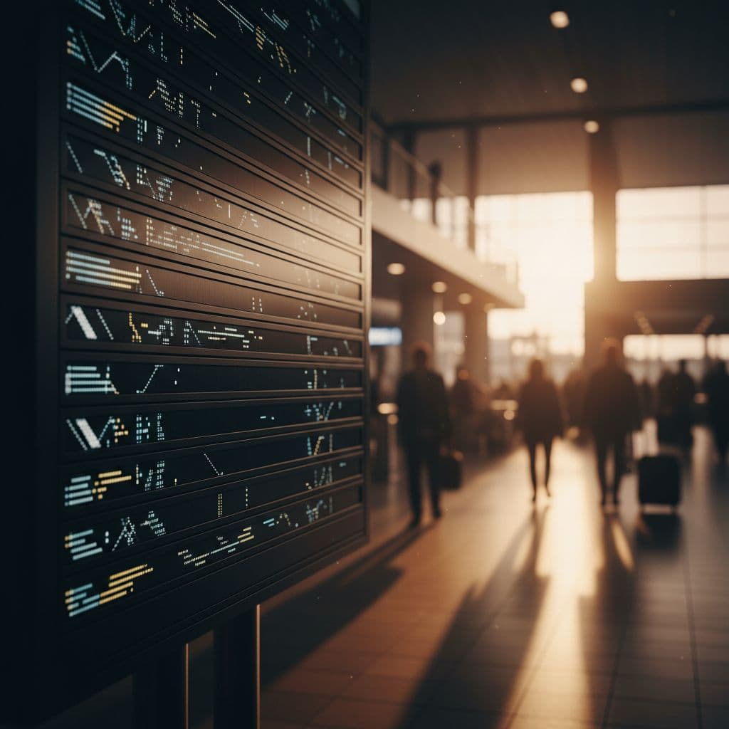 A digital flight information board displays travel statuses against a soft, out-of-focus airport terminal background.
