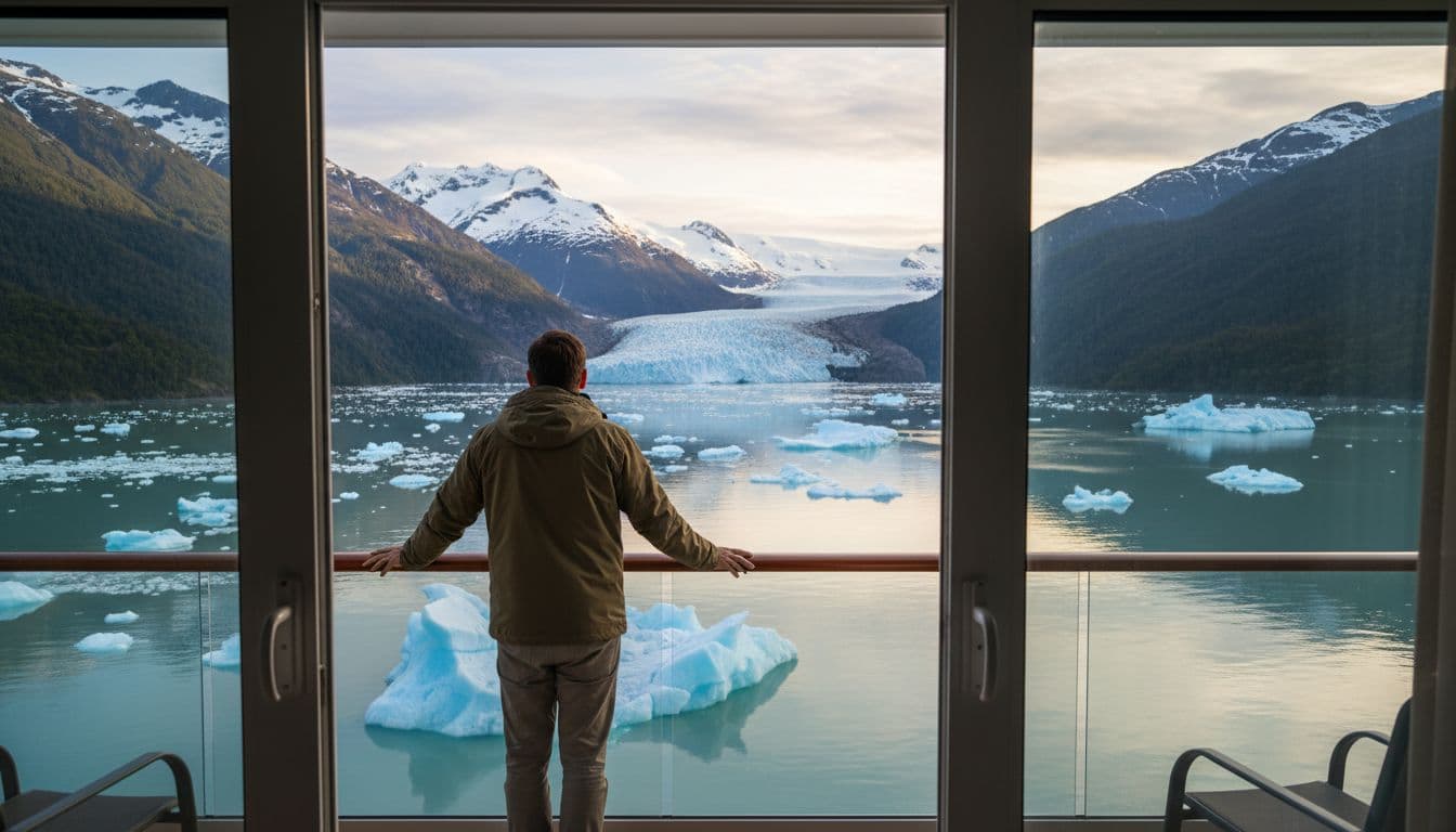 A relaxed traveler stands at the open door of a luxury cruise ship balcony suite overlooking a massive calving glacier in Alaska
