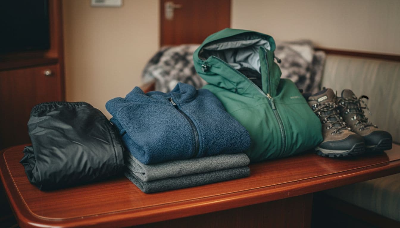 Close-up of essential clothing layers for an Alaska luxury cruise: moisture-wicking base layer, fleece midlayer, waterproof jacket, and hiking shoes