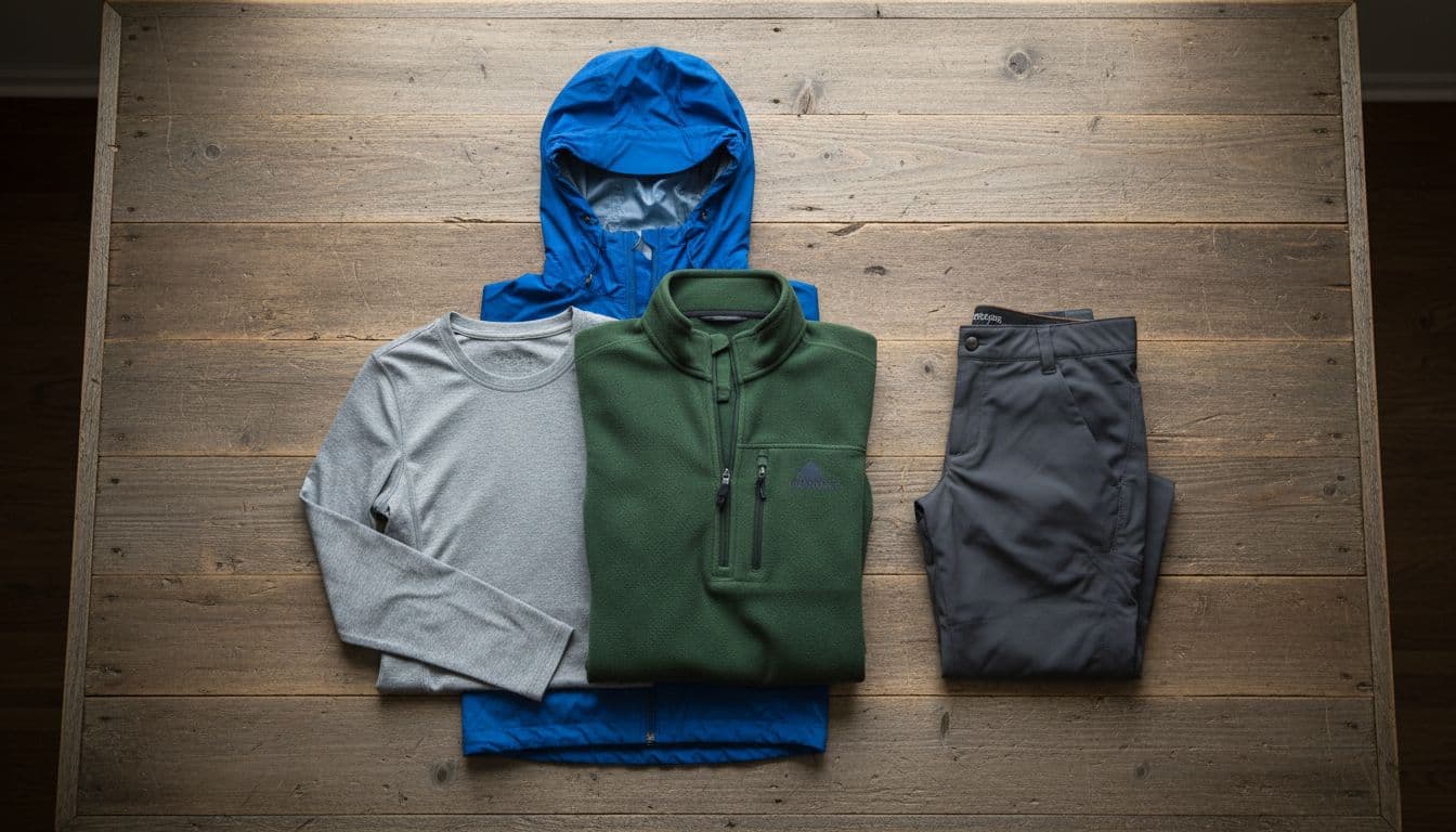 Neatly arranged clothing layers for Alaska cruise on rustic wooden table: moisture-wicking base layer shirt, fleece pullover, waterproof hooded jacket, quick-dry pants; top-down realistic product photo with soft window light.