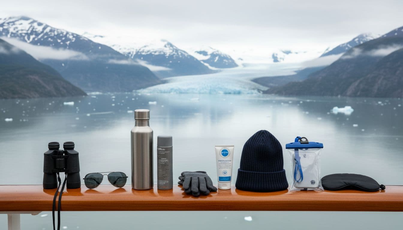 Small essential items for Alaska cruise including binoculars, sunglasses, water bottle, bug spray, gloves, and sleep mask