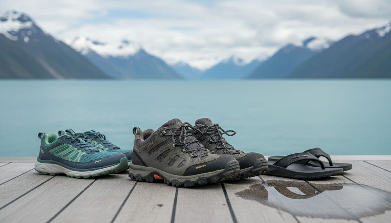 An assortment of waterproof hiking trail shoes, comfortable walking sneakers, and casual flip-flops arranged naturally on a cruise ship deck, with blurred ocean and mountains in the background under natural daylight.