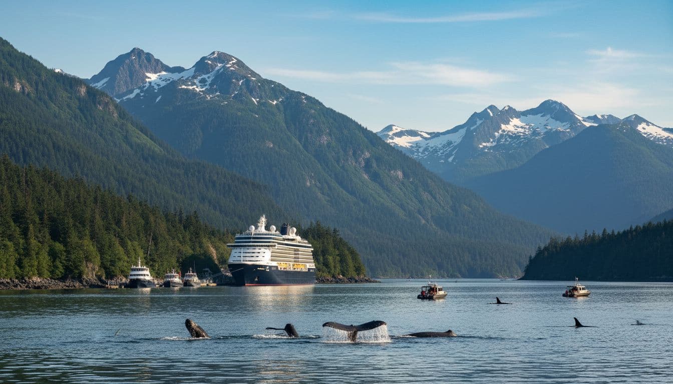 Scenic overview of Juneau harbor, a premier Alaska cruise port, with mountains, wildlife, and calm waters
