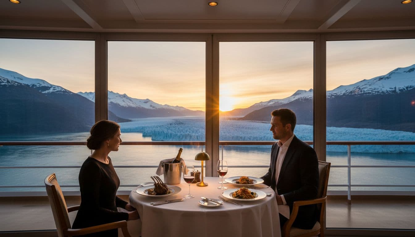 Elegant fine dining scene on a small luxury cruise ship deck overlooking Alaskan fjords and glaciers at sunset