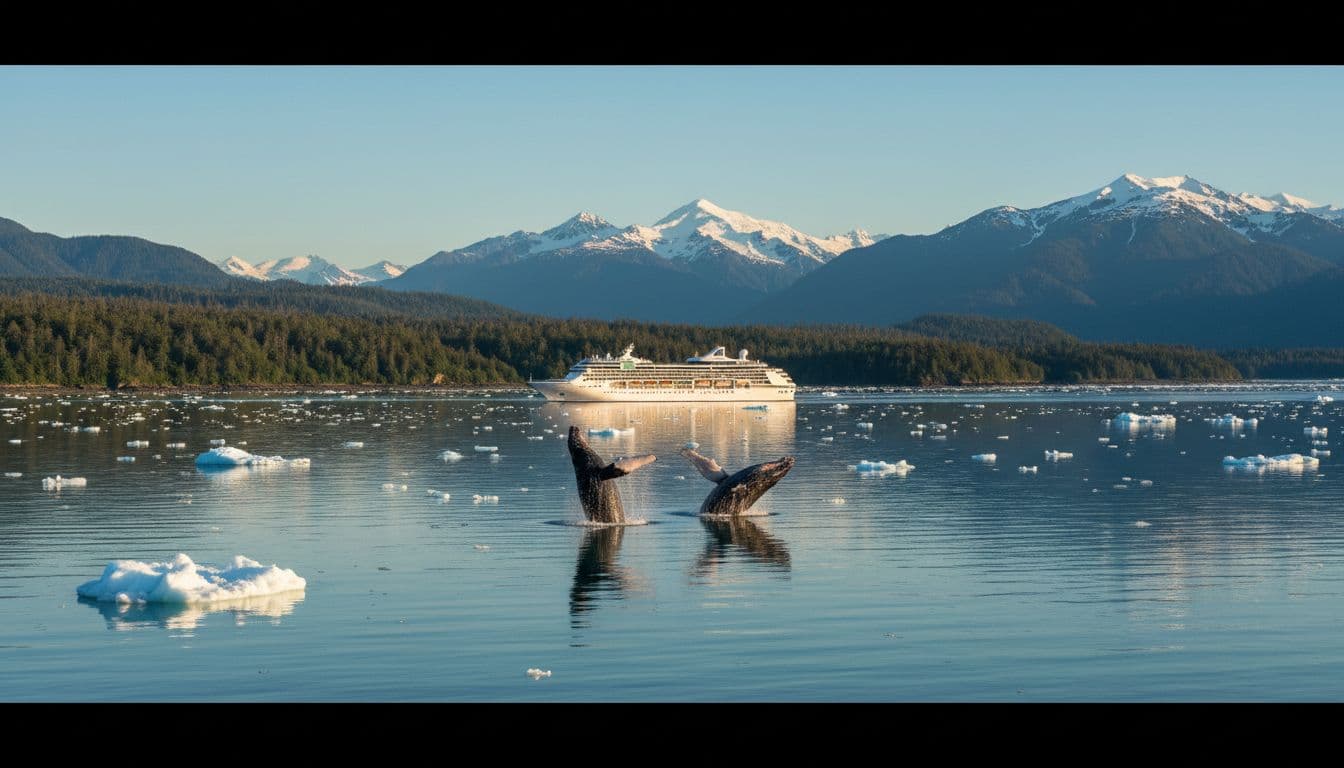 Vibrant mid-summer Alaskan Inside Passage scene with humpback whales breaching near a small luxury cruise ship on calm turquoise waters