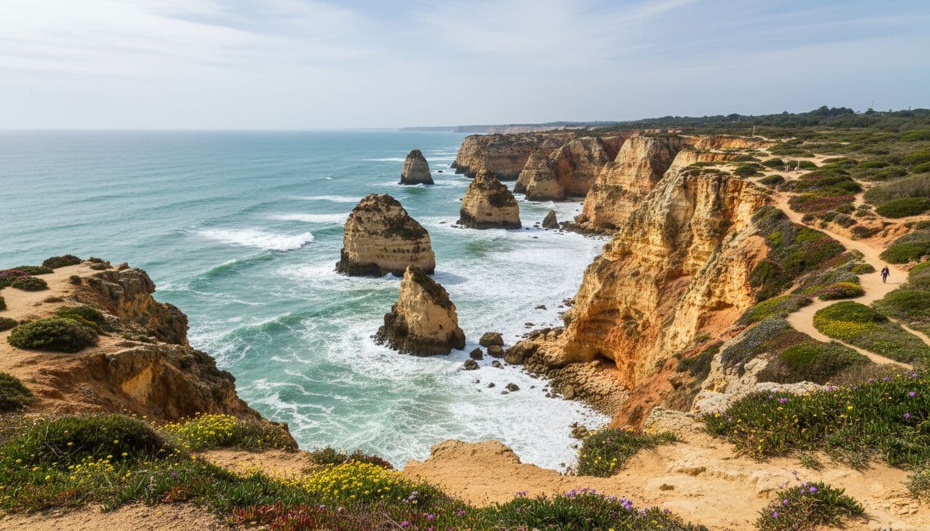 Scenic coastal cliff trail along Seven Hanging Valleys in Algarve, Portugal, with golden cliffs plunging to turquoise ocean, crashing waves, blooming spring wildflowers, and a distant hiker silhouette under soft sunny skies.