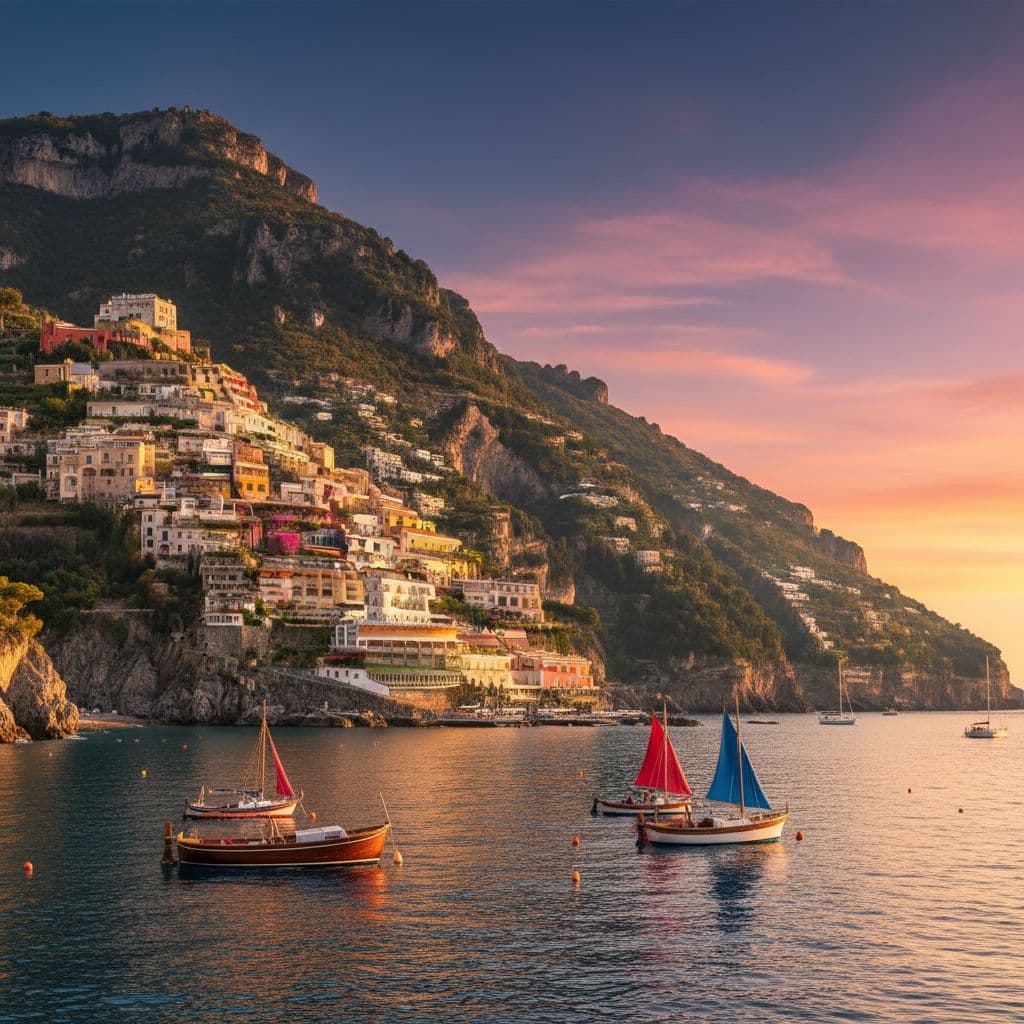 Amalfi Coast at sunset with colorful villages and boats on calm water