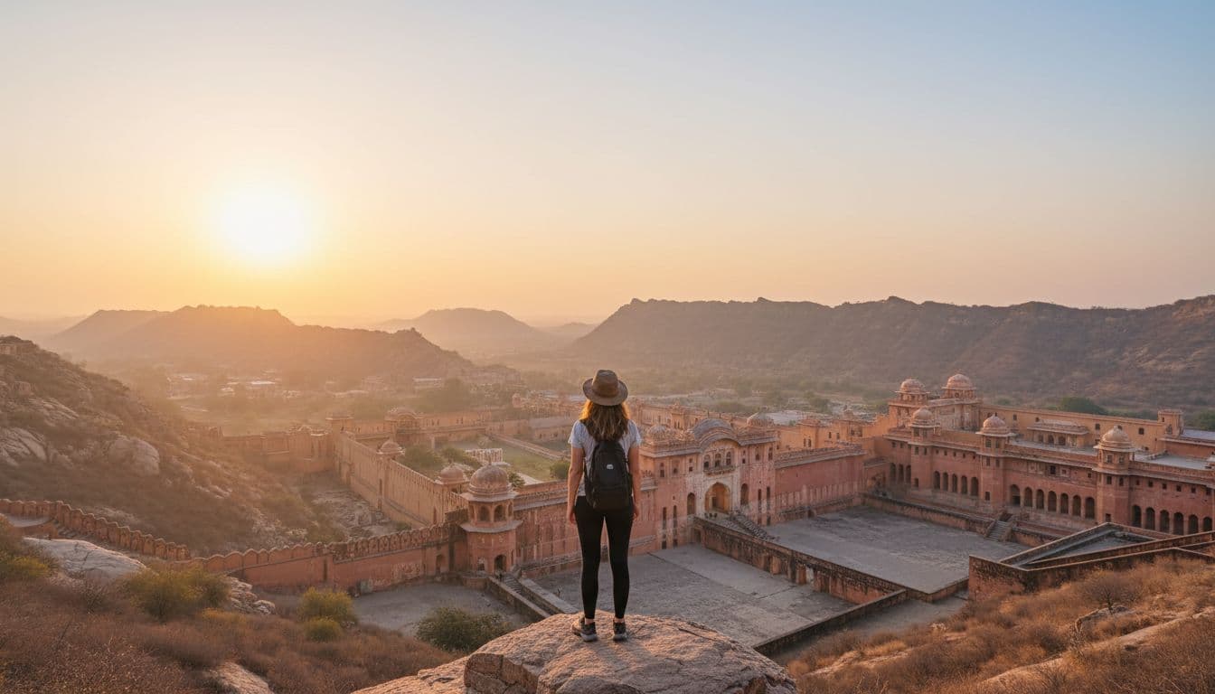 Solo traveler at Amber Fort Jaipur 2026 sunrise with Aravalli hills glowing in background