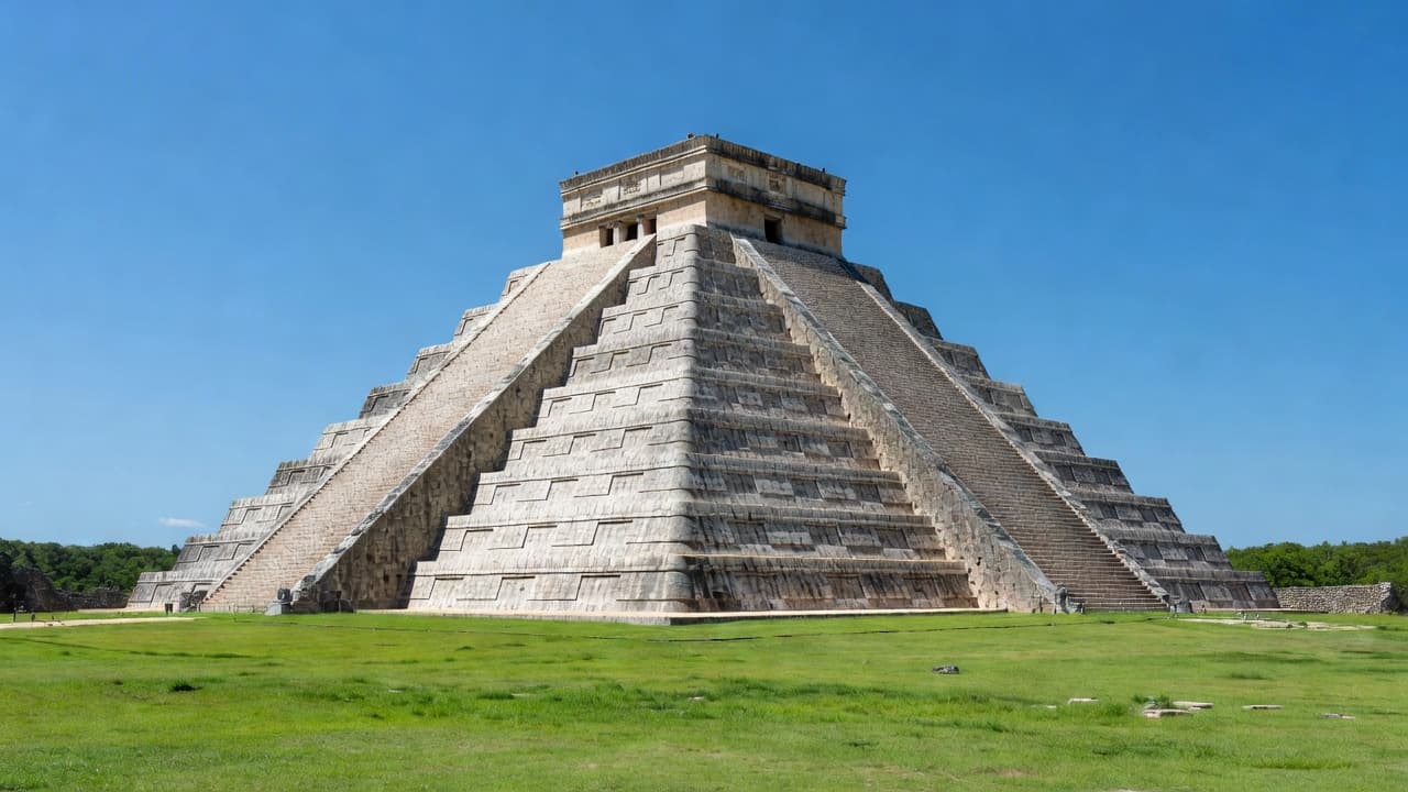 The stone El Castillo pyramid stands majestically against a bright blue sky with lush green grass surrounding the base of the massive archaeological structure.