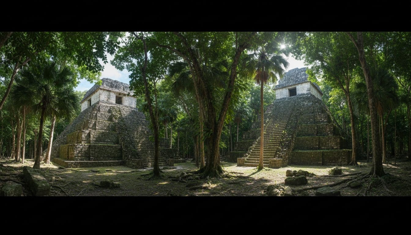 Sunlight filters through dense jungle trees onto weathered stone Mayan ruins.