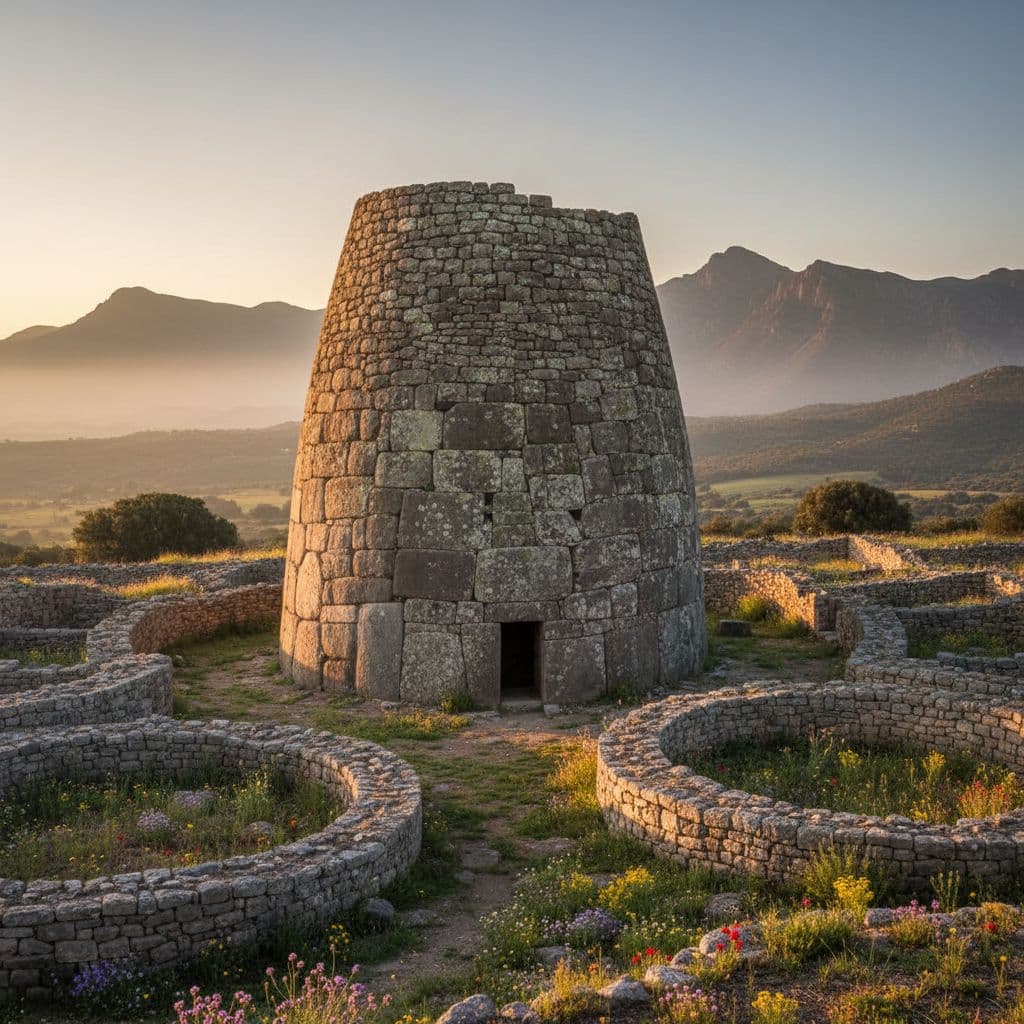 Ancient Nuraghe tower at dusk surrounded by ruins and wildflowers