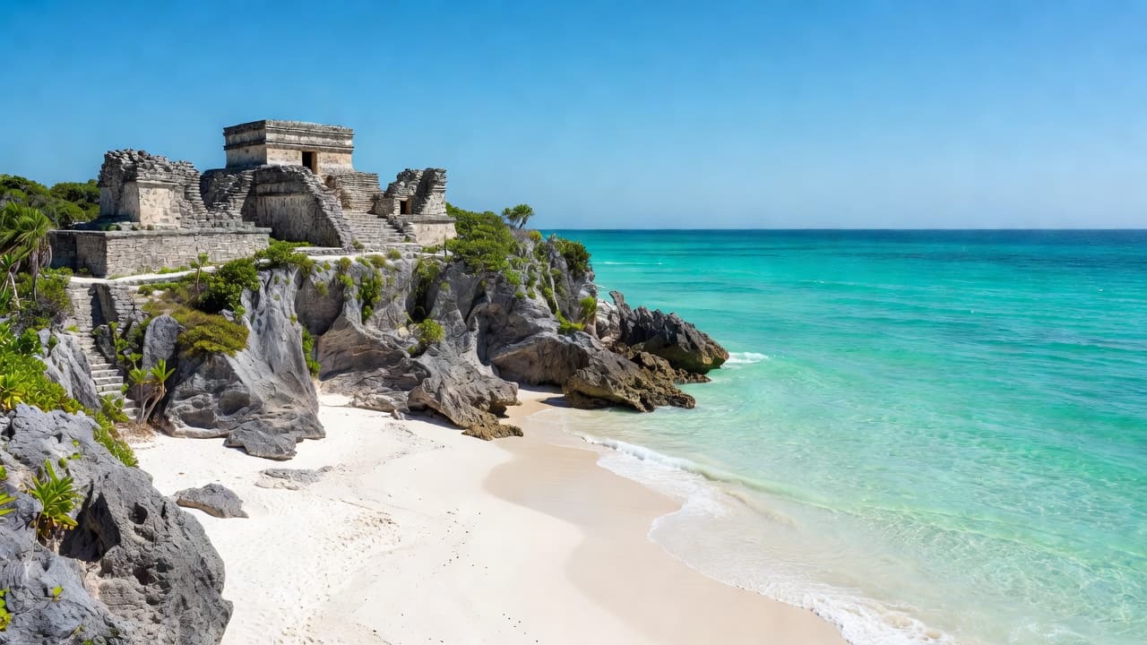 Weathered stone structures sit atop a rugged cliff edge overlooking the vibrant turquoise Caribbean Sea with a pristine white sand beach below.