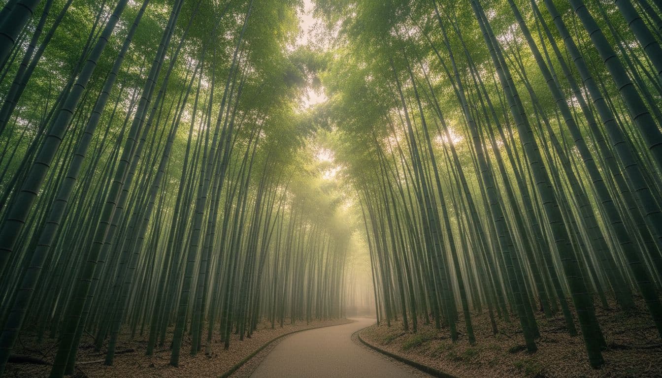 Tall bamboo grove in Arashiyama, Kyoto, early March morning features an empty winding path through thick green stalks with soft sunlight piercing the canopy and misty ground