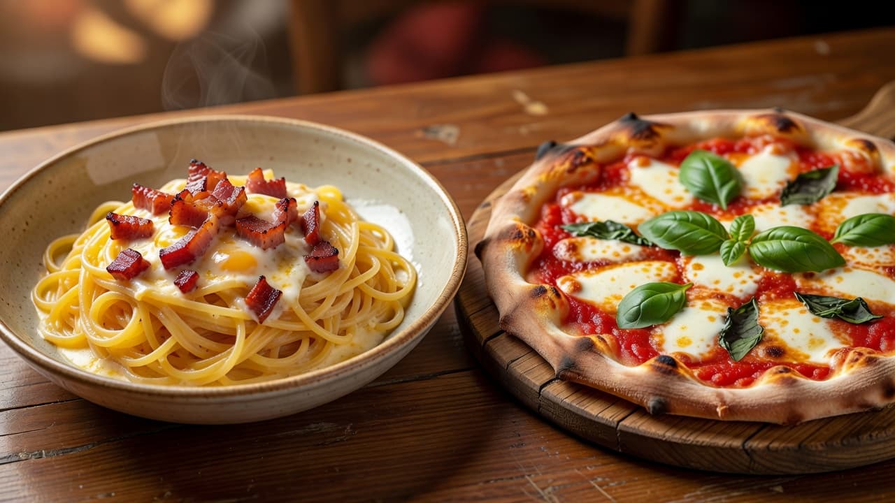 A rustic ceramic bowl filled with creamy Roman carbonara sits beside a freshly baked Neapolitan pizza with warm wooden table textures providing a backdrop for these traditional culinary staples from Italy.