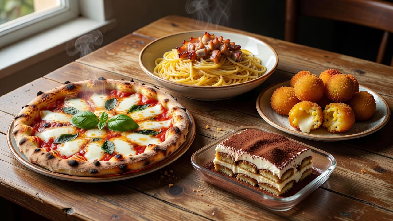 A rustic wooden table displays a steaming margherita pizza, a bowl of carbonara, golden fried supplì, and creamy tiramisu with warm sunlight illuminating the varied textures of these classic Italian dishes.