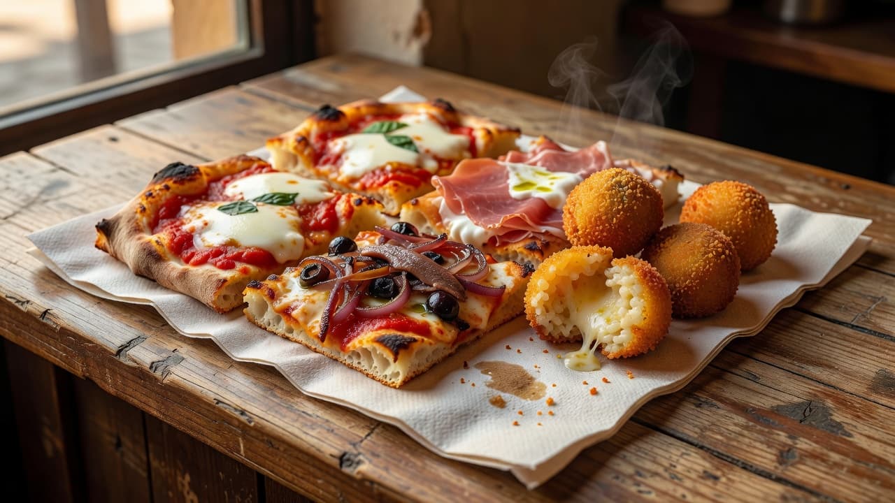 Crispy pizza al taglio slices and golden fried supplì sit on a rustic paper napkin atop a weathered wooden counter with warm light highlighting the textured dough and melted cheese topping.
