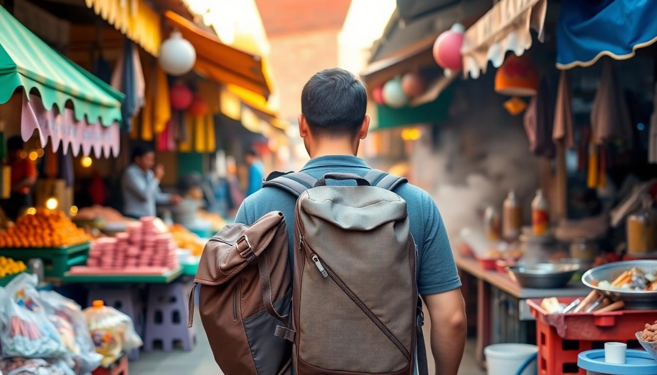 A backpacker with a compact 40L backpack walking through a vibrant Southeast Asia morning market. Colorful stalls, steam rising from street food, warm golden light, realistic photography.
