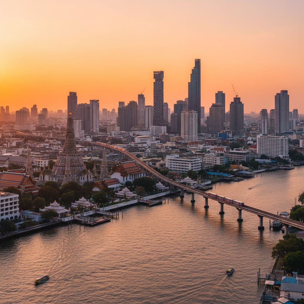 Bangkok skyline at sunset with modern buildings and temples
