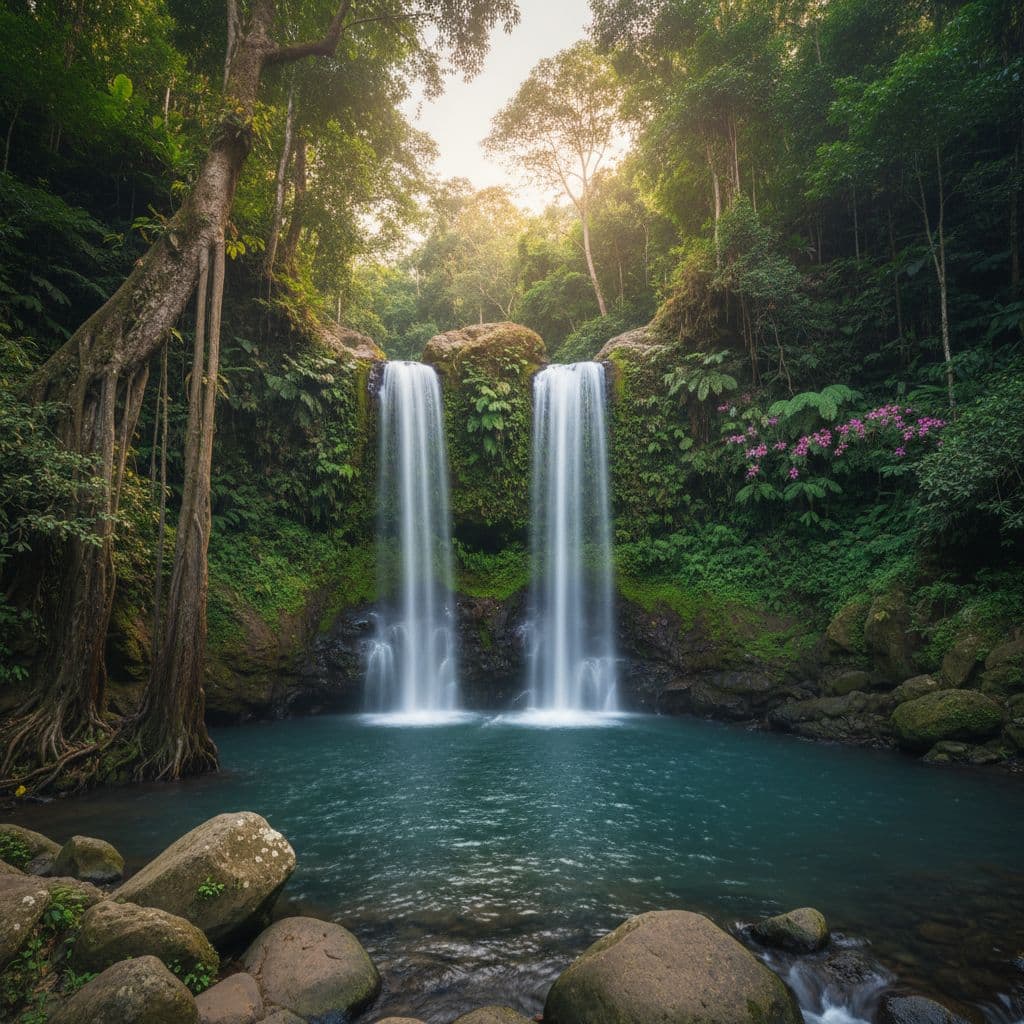 Photo created by AI: Banyumala Twin Waterfall pool, hidden waterfalls North Bali 2026.