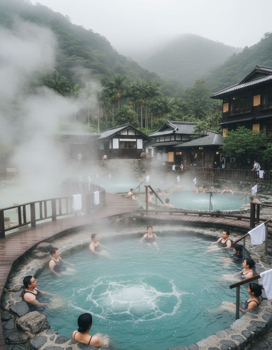 Beitou hot springs and green Thermal Valley steaming in mist