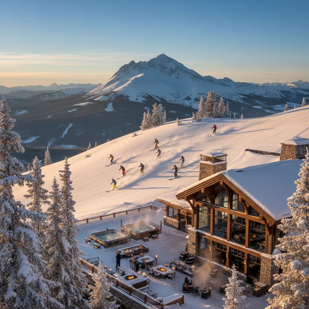 Skiers enjoying golden sunset views with luxury lodge and hot tubs at Big Sky Resort Montana for affordable all inclusive ski packages 2026