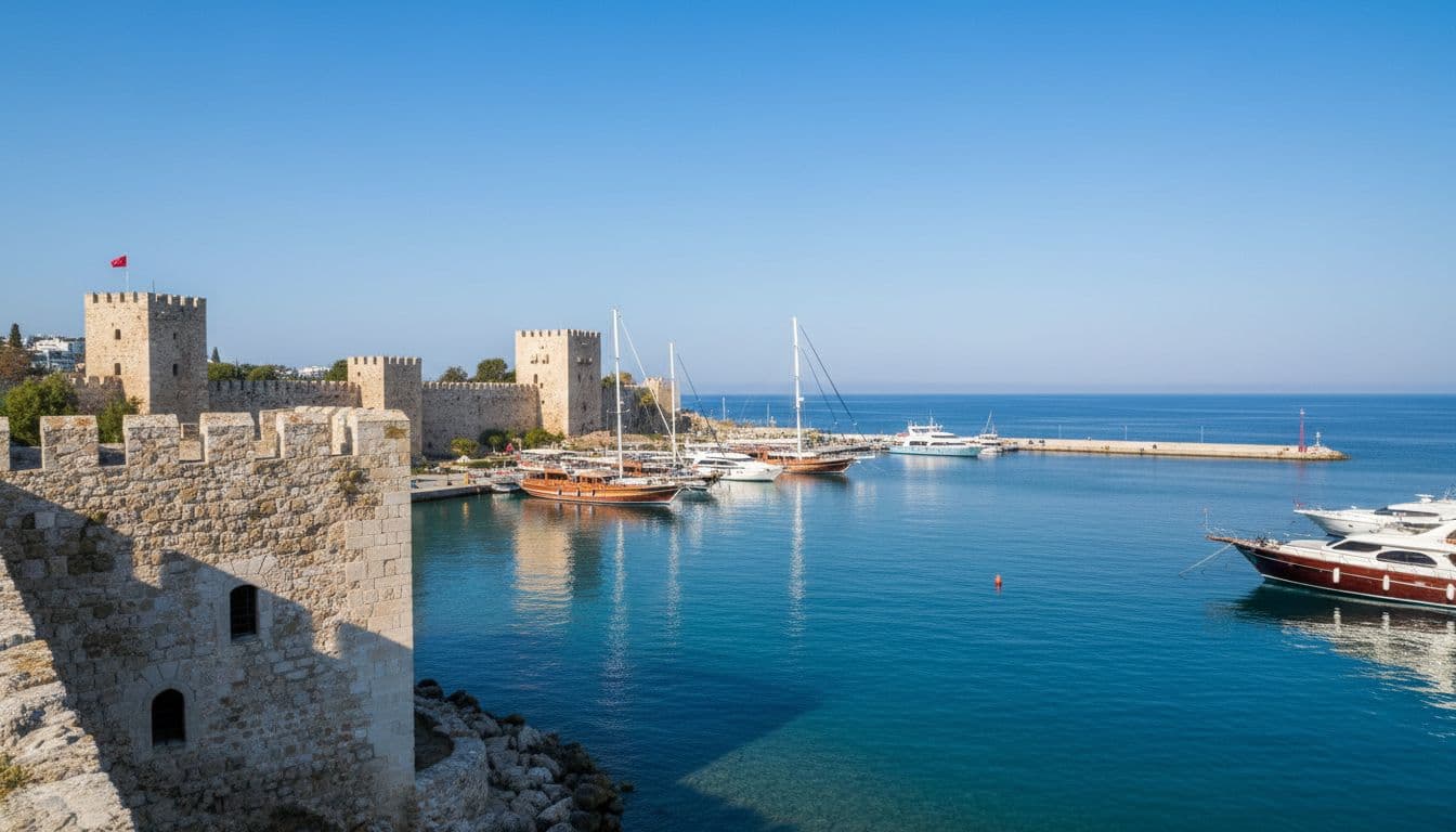 Bodrum Castle and turquoise harbor with gulets and yachts