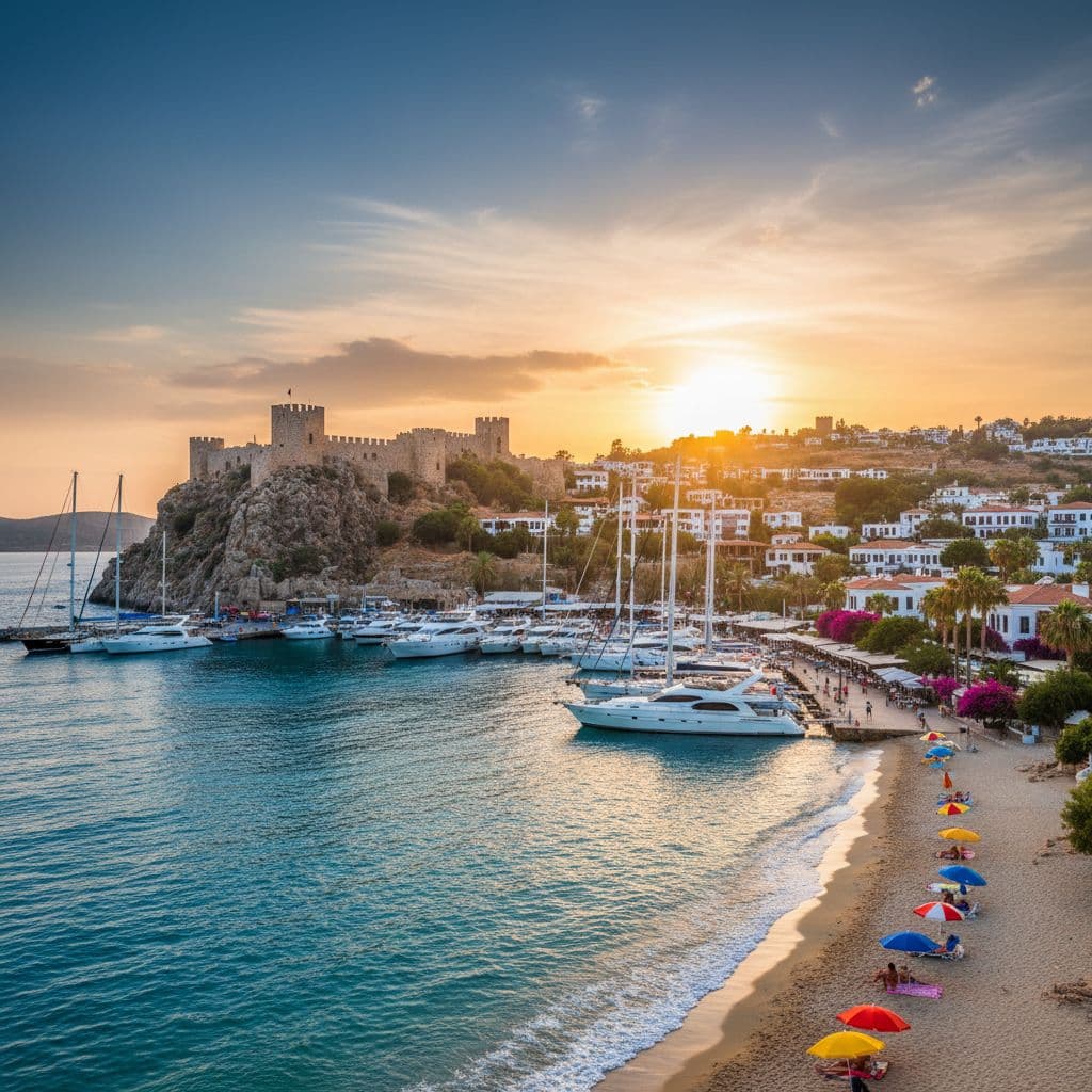 Bodrum Castle panorama at sunset with marina lights