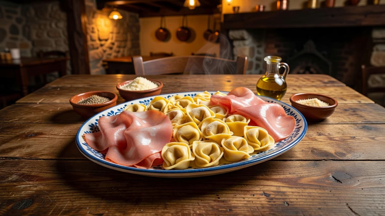 A rustic wooden table displays a large ceramic platter filled with handmade tortellini pasta and delicate ribbons of mortadella with warm inviting indoor lighting highlighting authentic textures.
