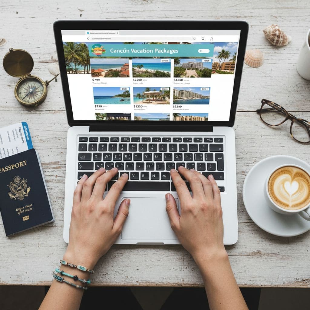 A top-down view of a laptop screen, open passport, and coffee cup on a desk.