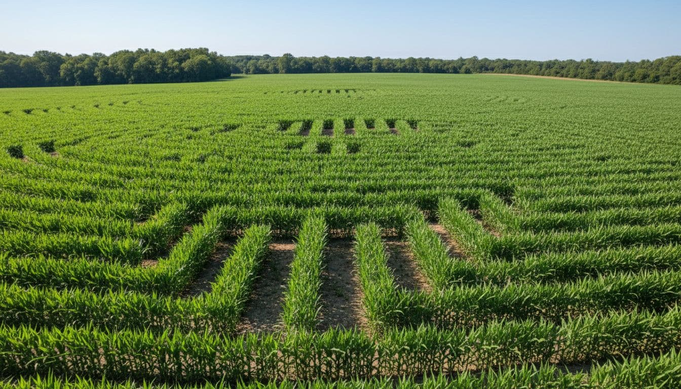 Bright green corn maze under clear blue summer sky on sunny day.
