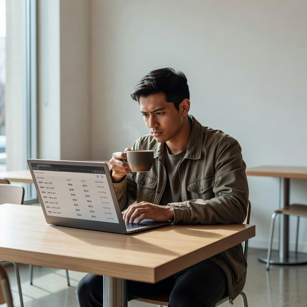 A focused traveler sits at a clean cafe table comparing flight prices on a laptop screen while holding a ceramic coffee mug with soft sunlight streaming through a nearby window.