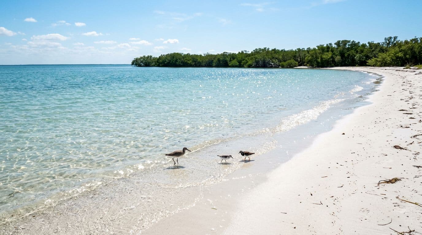 Shallow clear waters perfect for wading on white sand flats at Bunche Beach, with exactly three birds on the shore, distant mangroves, and sparkling water under bright midday sun. Peaceful birdwatching spot in realistic wide-angle landscape photo, no humans.