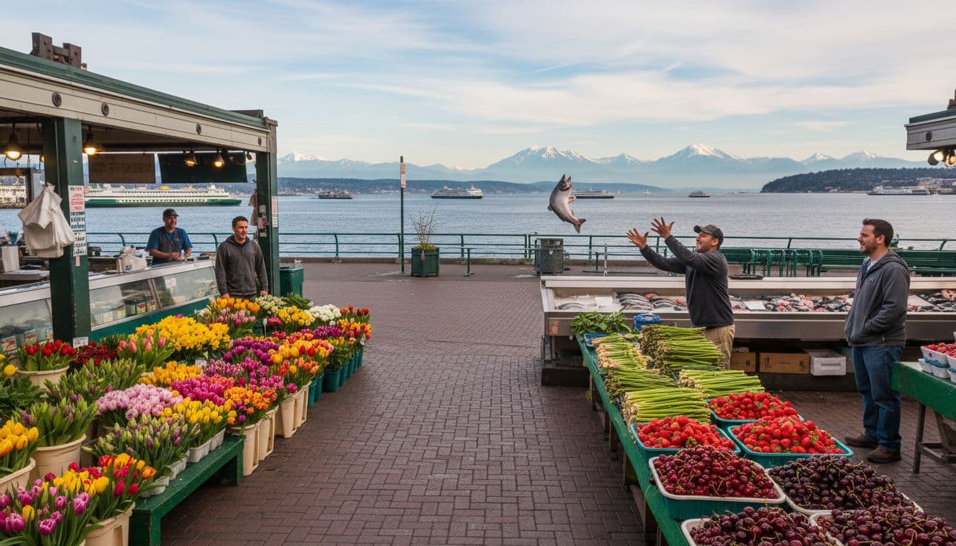 Vibrant Pike Place Market scene with fish throwers, flower stalls, and Elliott Bay views