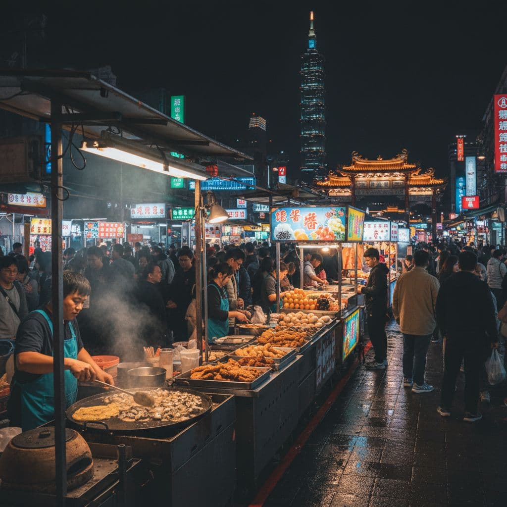 Crowded Taipei night market with neon signs and food stalls at night