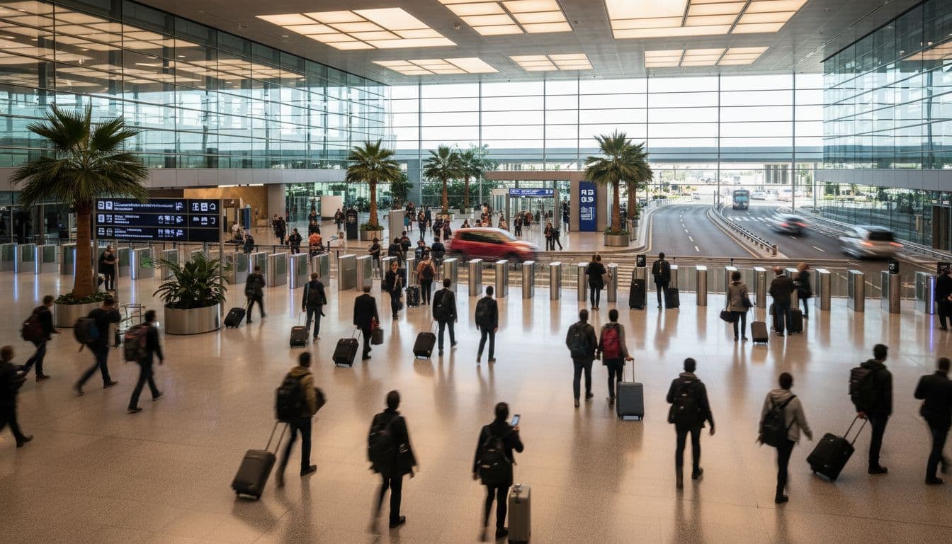 Travelers with suitcases traverse a spacious sunlit airport terminal featuring high ceilings and glass walls with motion blur capturing steady flow of passengers.