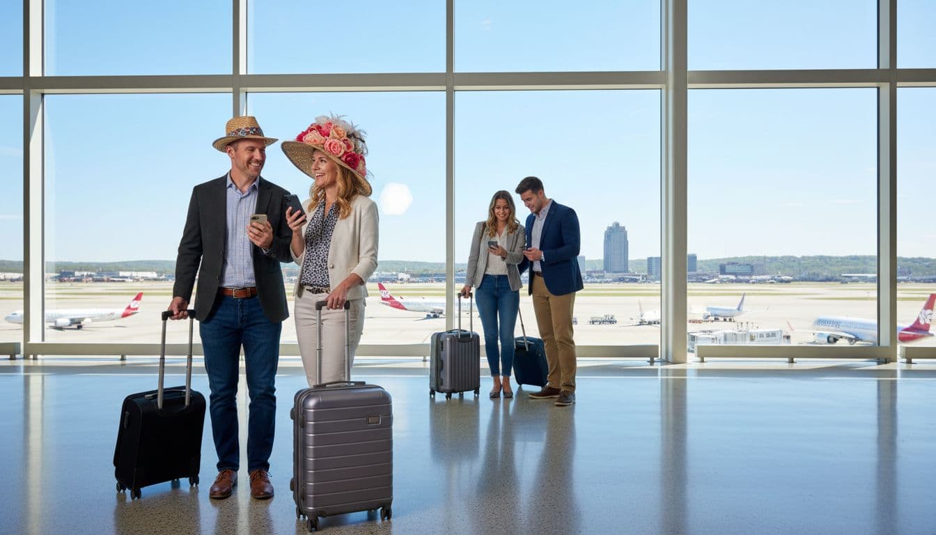 Travelers in Derby hats pull suitcases in the bustling Louisville Muhammad Ali International Airport (SDF) terminal during spring, with exactly four people visible, sunny day outside large windows showing planes and Kentucky skyline.