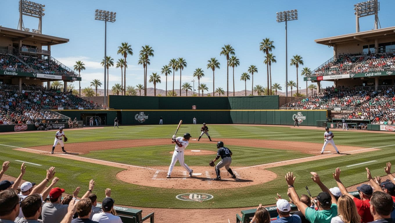 Cactus League baseball game at Phoenix-area stadium with palm trees and blue sky