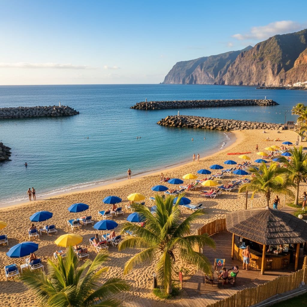 Calheta Beach all-inclusive resort at golden hour with family on sandy shore