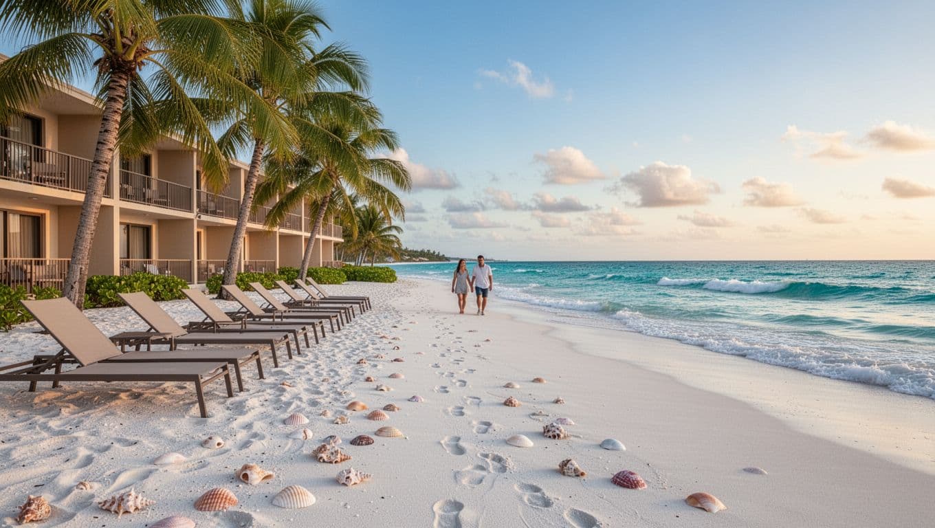 Tranquil beachfront hotel exterior during off-peak season shows empty loungers under palm trees, turquoise ocean waves, and a sandy path to a low-rise building with sea-view balconies. Foreground features seashells and footprints in white sand, with a distant couple walking hand-in-hand under a clear blue sky.