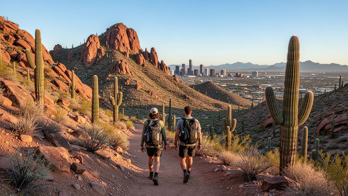 Hikers on Camelback Mountain trail at sunrise with Phoenix skyline in distance