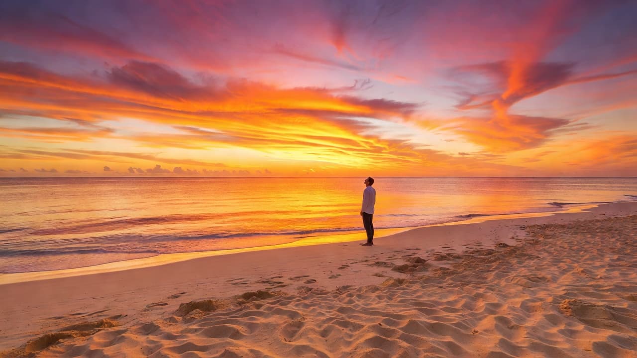 A solitary figure stands on the damp shoreline of a Cancun beach gazing at a horizon filled with vibrant orange and purple clouds as the setting sun casts a golden glow.