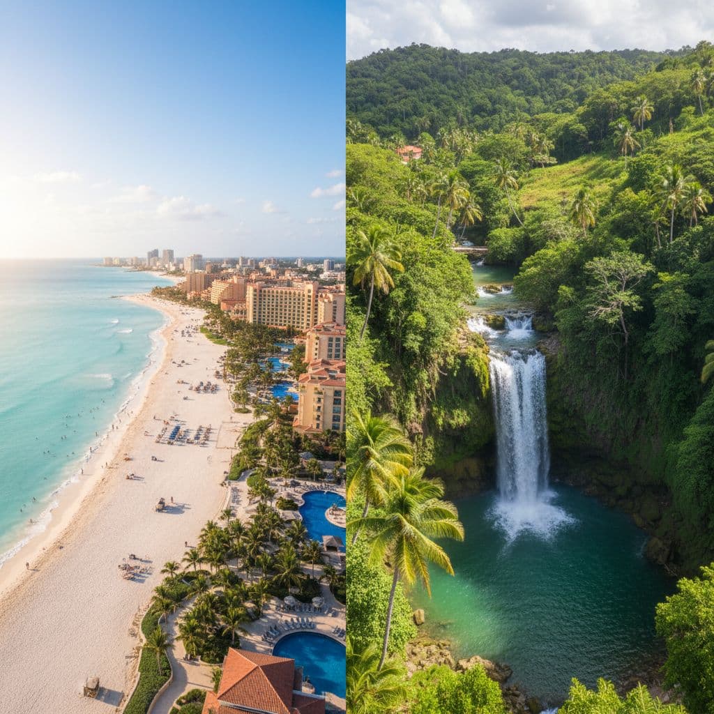 Split view showing vibrant Mexican beach resorts beside turquoise waters contrasted with Jamaica's dense tropical greenery, towering palm trees, and cascading waterfall.