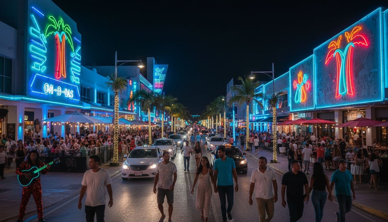 Vibrant neon lights illuminate a modern restaurant terrace in the Cancun hotel zone with diverse groups walking along the busy street.