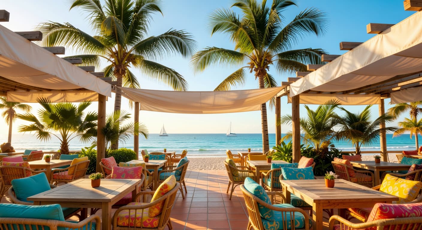 Sun-drenched patio furniture sits amidst swaying palm trees on a tropical restaurant terrace with bright sunlight illuminating polished tables in this tranquil seaside dining venue.
