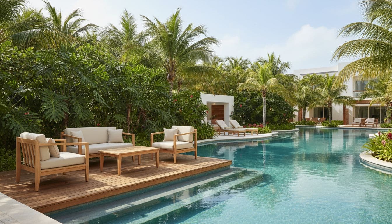 A private wooden terrace in Cancun offers direct access to a crystal-clear swimming pool.
