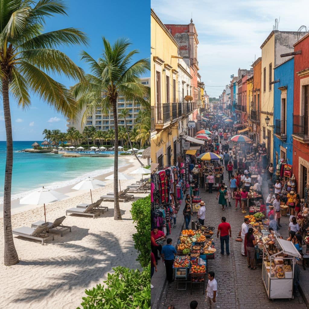 A split-screen view contrasting a serene tropical beach resort with a vibrant, bustling Mexican city street.