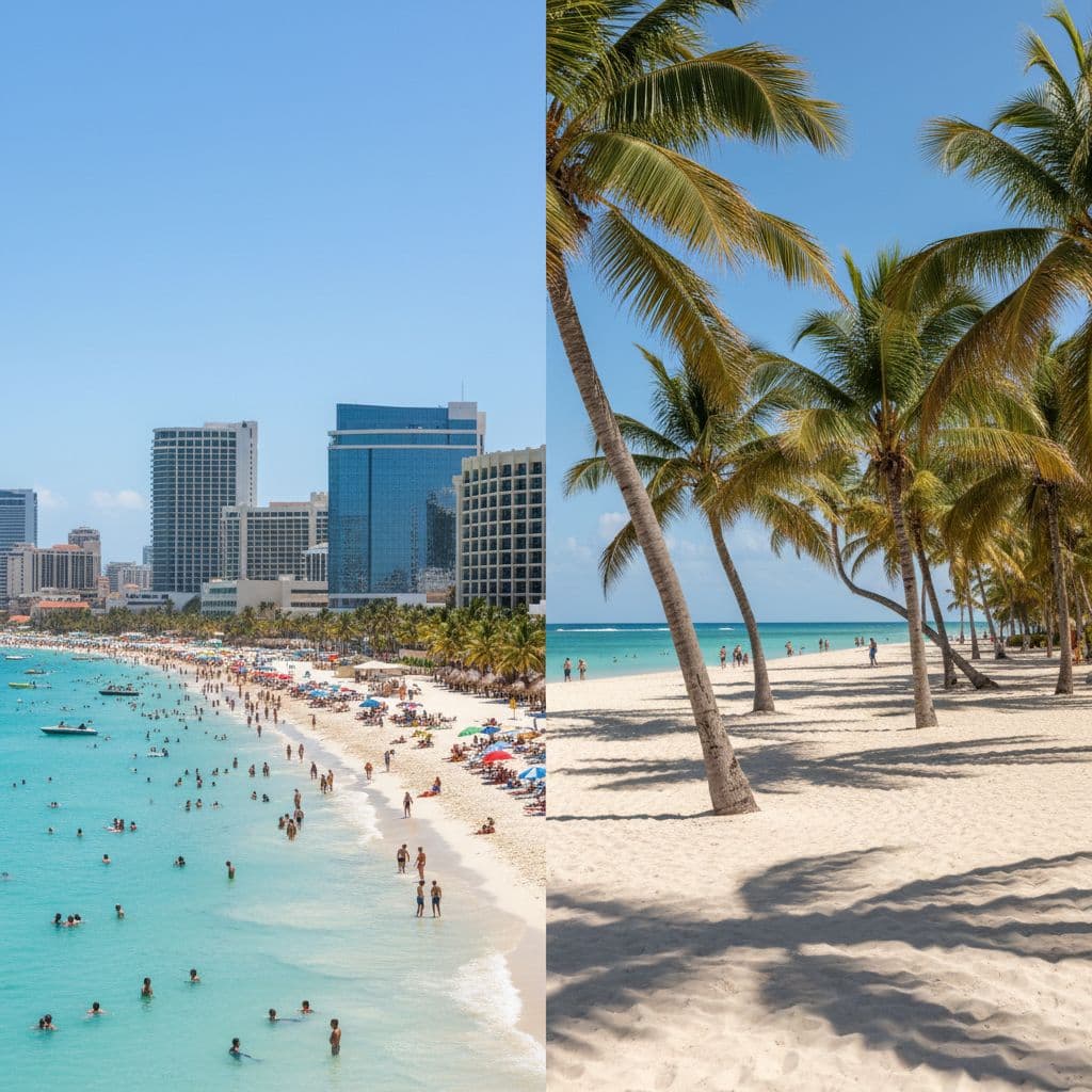 Side-by-side comparison showing bustling Cancun beach with swimmers and hotels versus serene Punta Cana white sands with palm trees and calm turquoise water.
