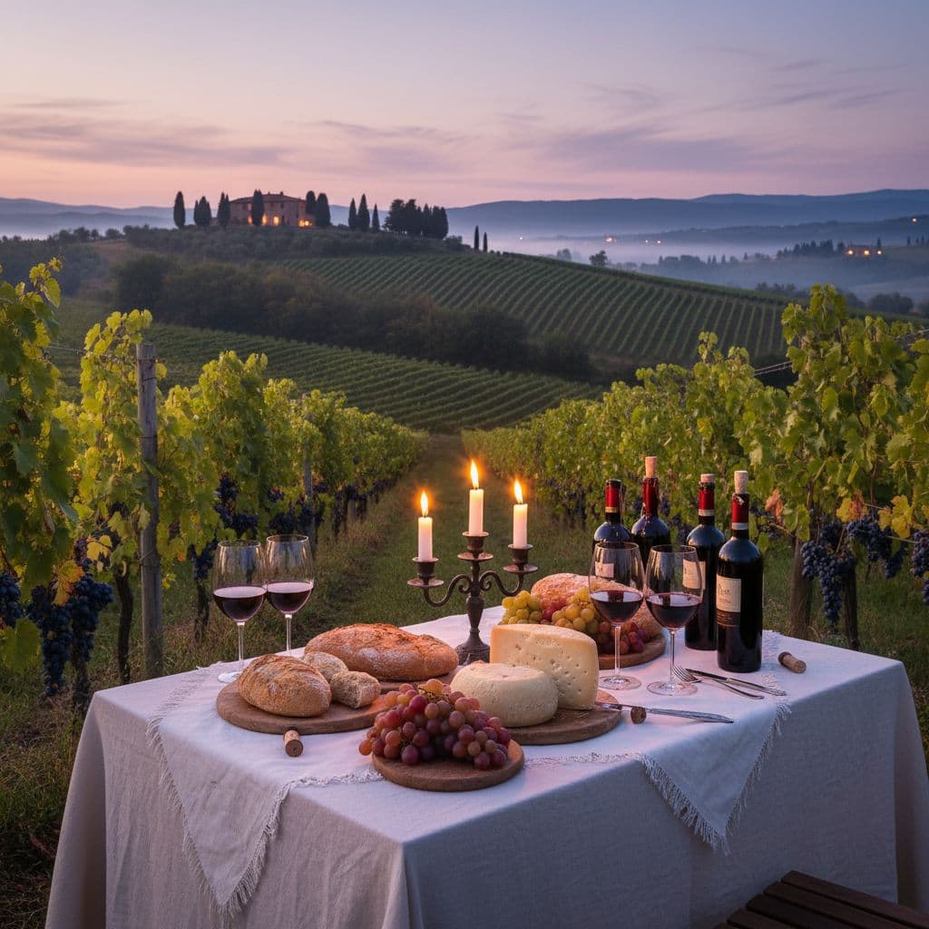 Candlelit dinner for two in a Chianti vineyard at dusk
