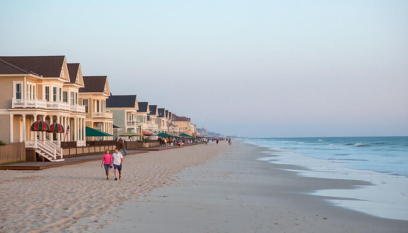 A family strolling along the Cape May, New Jersey beach with Victorian houses lining the boardwalk in the background.